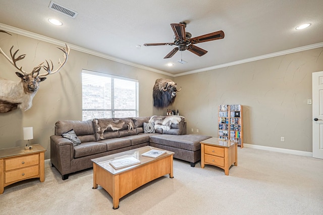 living area with light carpet, a ceiling fan, visible vents, and crown molding