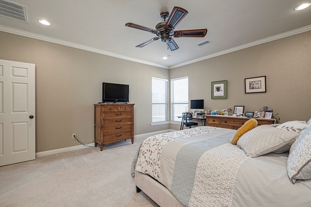 bedroom with baseboards, ornamental molding, visible vents, and light colored carpet