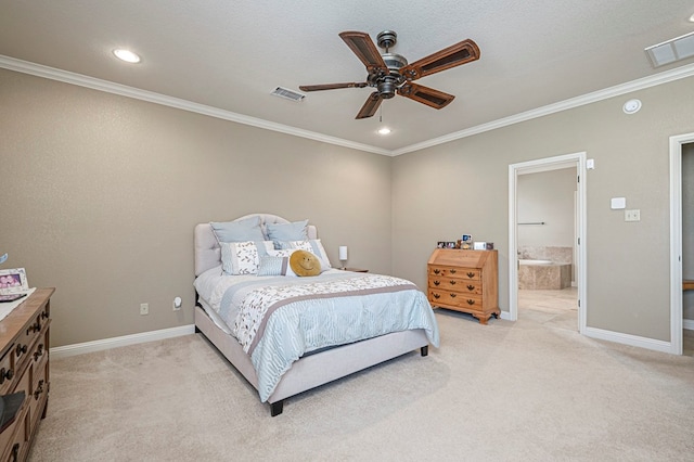 bedroom featuring light carpet, visible vents, and crown molding