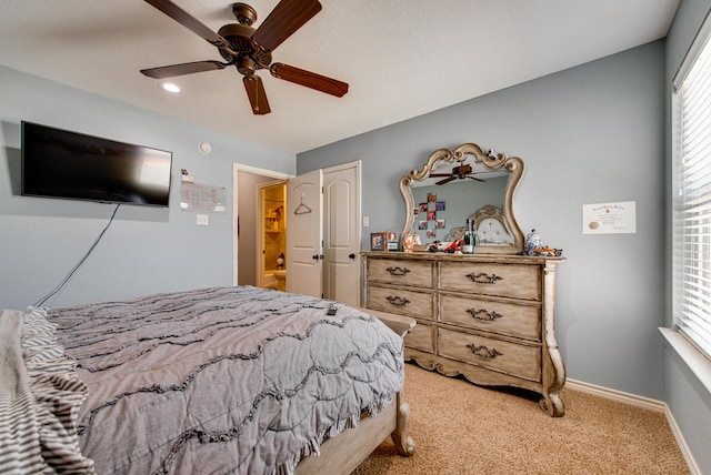 carpeted bedroom with baseboards, recessed lighting, and ceiling fan