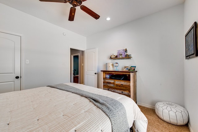 bedroom featuring recessed lighting, carpet floors, baseboards, and ceiling fan
