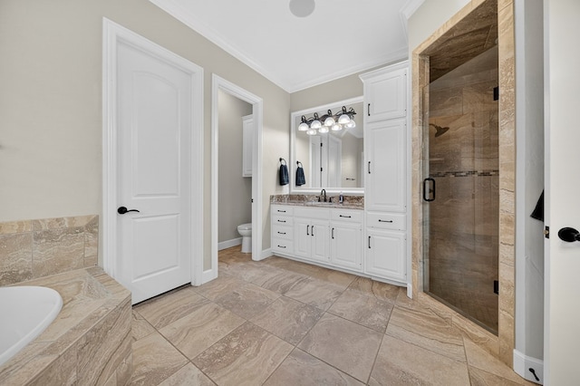 1102 Silverton Dr, Midland, TX 79705 - full bath featuring vanity, a stall shower, a garden tub, and crown molding