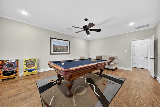 1102 Silverton Dr, Midland, TX 79705 - rec room featuring billiards table, wood finished floors, ornamental molding, a ceiling fan, and recessed lighting