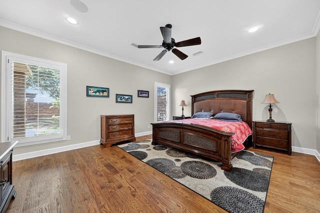 1102 Silverton Dr, Midland, TX 79705 - bedroom featuring wood finished floors, crown molding, recessed lighting, and a ceiling fan