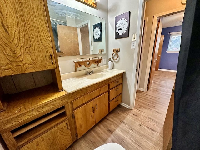 bathroom with wood-type flooring and vanity