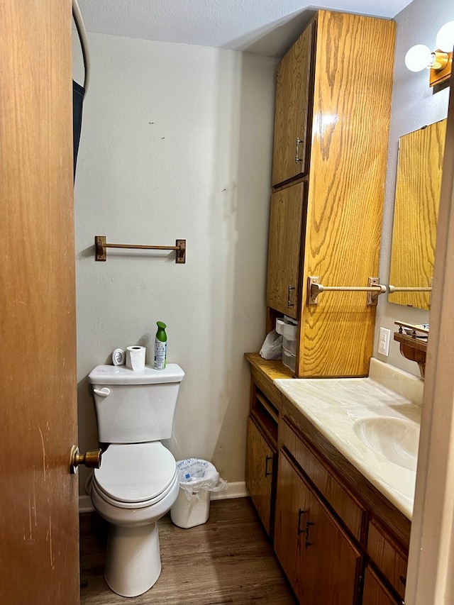 bathroom with vanity, wood-type flooring, and toilet