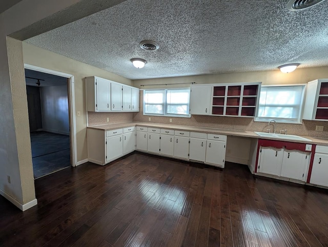 kitchen featuring a sink, open shelves, dark wood-style flooring, tasteful backsplash, and a textured ceiling