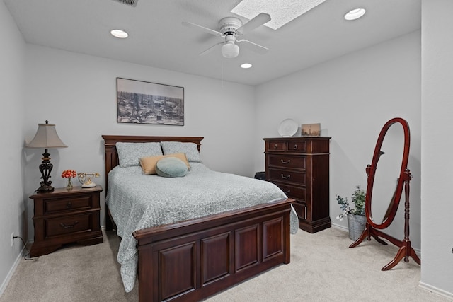 2821 Goddard Pl, Midland, TX 79705 - bedroom with light carpet, baseboards, recessed lighting, and a ceiling fan