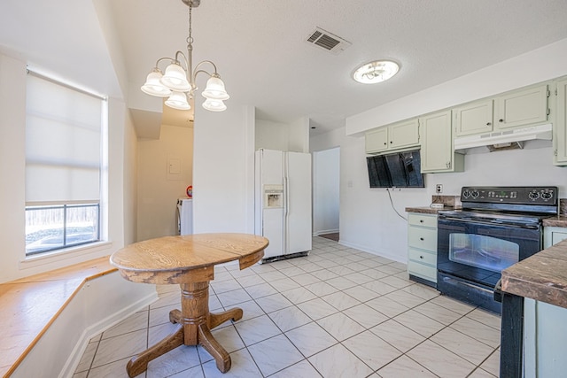 kitchen featuring visible vents, electric range, white refrigerator with ice dispenser, under cabinet range hood, and dark countertops