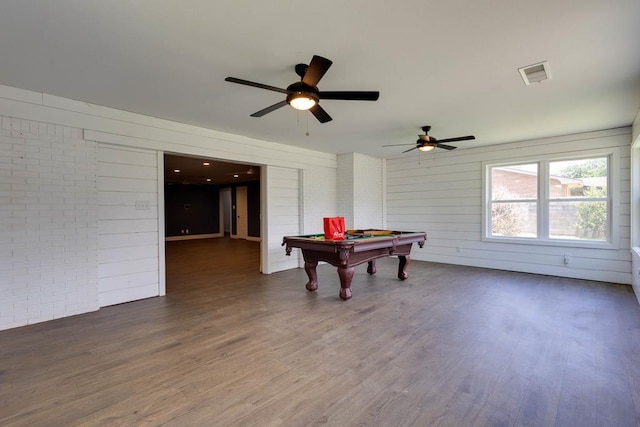 709 21st St, Lamesa, TX 79331 - game room featuring wood finished floors, billiards table, a ceiling fan, and wood walls