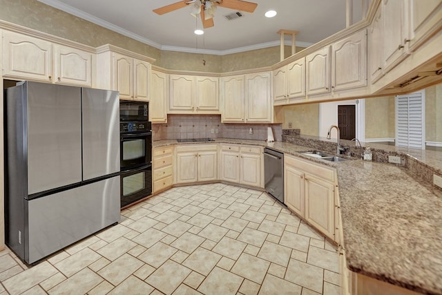 kitchen featuring ornamental molding, light stone countertops, sink, and black appliances