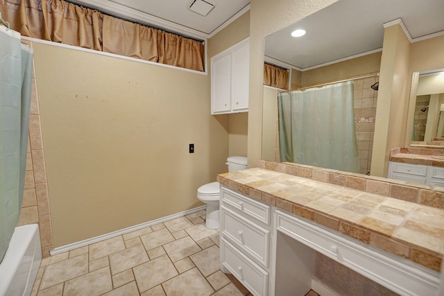 full bathroom with shower / bathtub combination with curtain, ornamental molding, vanity, and toilet