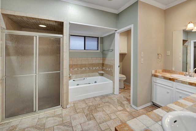 full bathroom with vanity, separate shower and tub, ornamental molding, and toilet