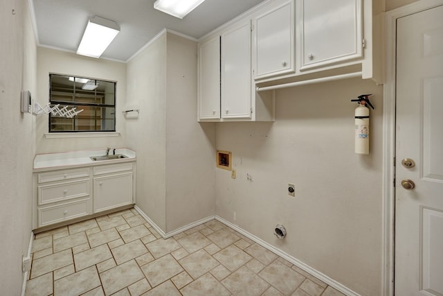 clothes washing area with sink, cabinets, ornamental molding, washer hookup, and hookup for an electric dryer