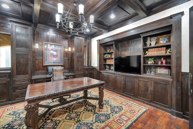home office featuring a chandelier, coffered ceiling, wooden walls, beamed ceiling, and wood finished floors