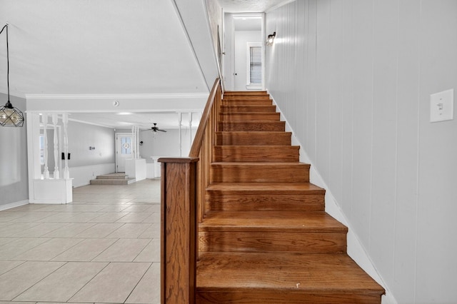 2502 W Cuthbert Ave, Midland, TX 79701 - stairs with tile patterned flooring, crown molding, and ceiling fan