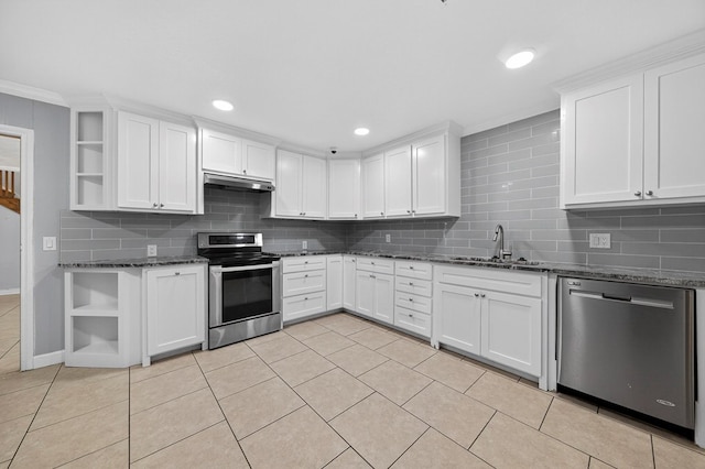 2502 W Cuthbert Ave, Midland, TX 79701 - kitchen with stainless steel appliances, open shelves, under cabinet range hood, tasteful backsplash, and recessed lighting