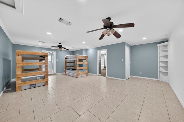2502 W Cuthbert Ave, Midland, TX 79701 - unfurnished living room with a ceiling fan, ornamental molding, recessed lighting, and light tile patterned floors