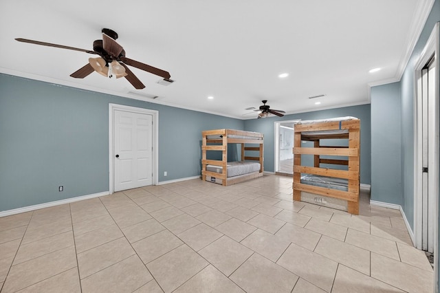 2502 W Cuthbert Ave, Midland, TX 79701 - unfurnished living room with ceiling fan, recessed lighting, crown molding, and light tile patterned floors