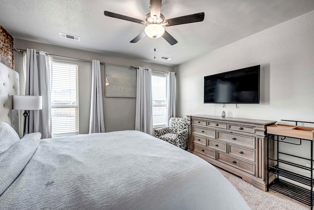 806 Revere Pl, Midland, TX 79706 - carpeted bedroom with a ceiling fan, a textured ceiling, and visible vents