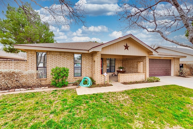 ranch-style house with a garage and a front lawn