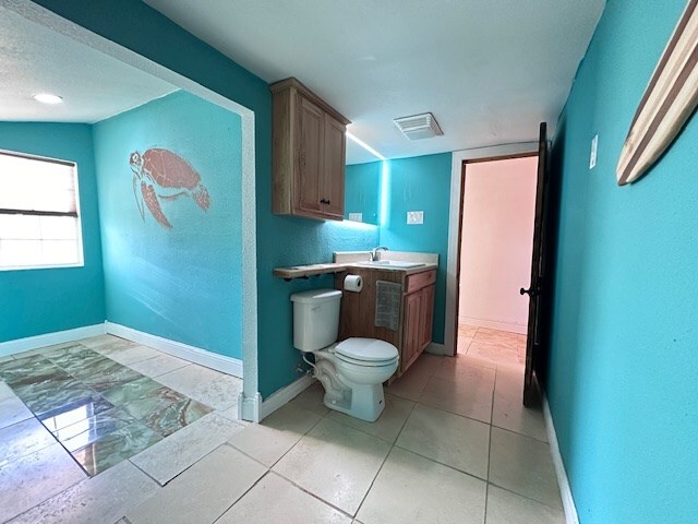 bathroom with vanity, toilet, and vaulted ceiling