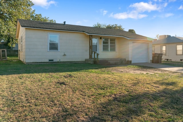 ranch-style home featuring crawl space, an attached garage, a front lawn, and concrete driveway