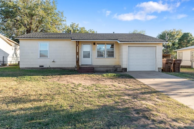 single story home with entry steps, an attached garage, driveway, crawl space, and a front lawn