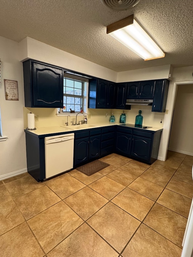 1512 W 14th St, Fort Stockton, TX 79735 - kitchen with white dishwasher, a sink, a textured ceiling, light countertops, and light tile patterned flooring