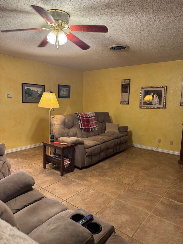 1512 W 14th St, Fort Stockton, TX 79735 - living area with ceiling fan, a textured ceiling, light tile patterned floors, and baseboards