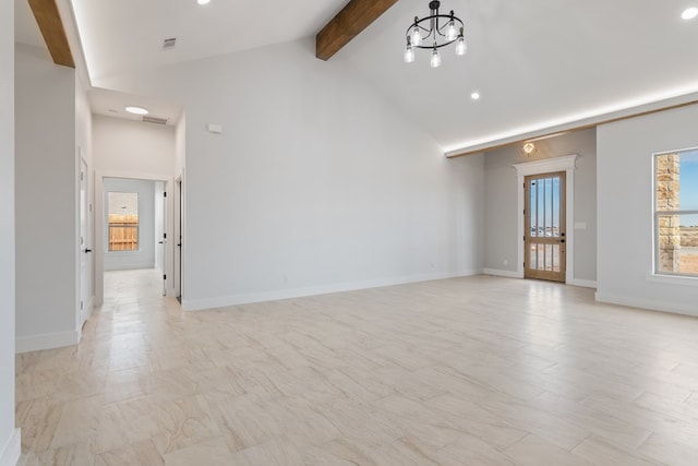 unfurnished room with beam ceiling, high vaulted ceiling, and a notable chandelier