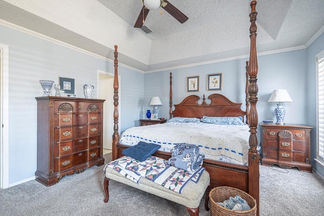 4704 Elma Dr, Midland, TX 79707 - bedroom with carpet floors, a textured ceiling, crown molding, a ceiling fan, and baseboards