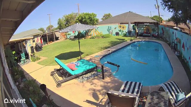 view of pool with a fenced in pool, a yard, a fenced backyard, a gazebo, and a patio area