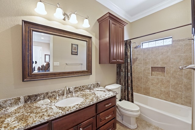 full bathroom with crown molding, vanity, shower / bath combo, and toilet