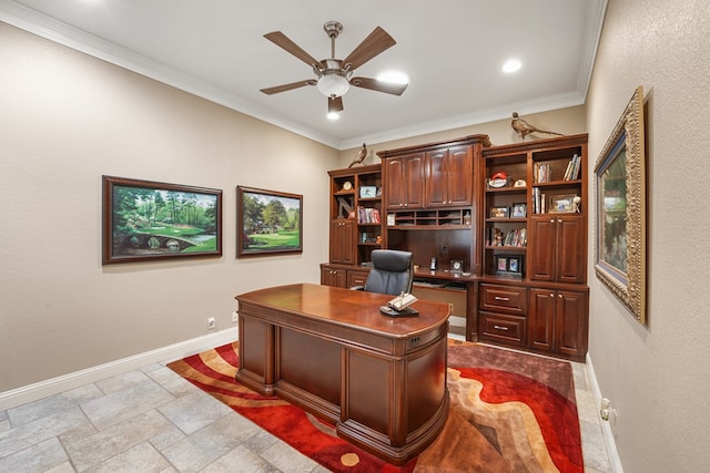 office featuring ceiling fan and crown molding