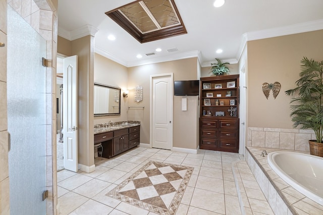 bathroom featuring tile patterned floors, vanity, crown molding, and plus walk in shower