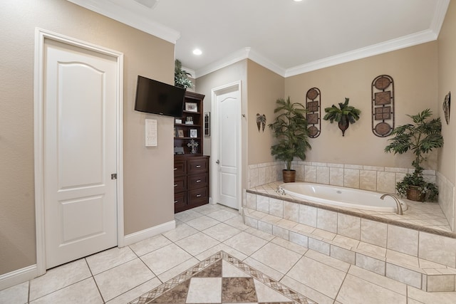 bathroom featuring tile patterned flooring, a relaxing tiled tub, and ornamental molding