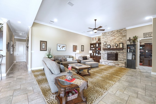 living room featuring a stone fireplace, ceiling fan, and crown molding