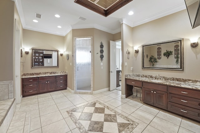 bathroom with tile patterned flooring, vanity, ornamental molding, and a shower with door