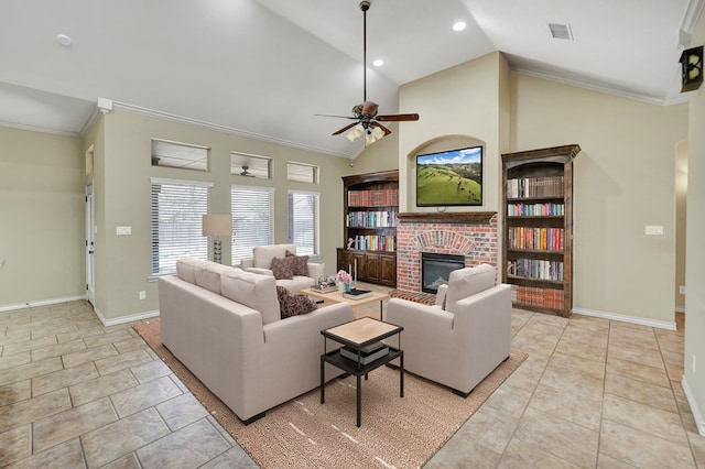 living area with a brick fireplace, light tile patterned floors, visible vents, and ornamental molding