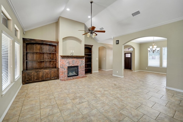 unfurnished living room featuring visible vents, ceiling fan with notable chandelier, a fireplace, and baseboards