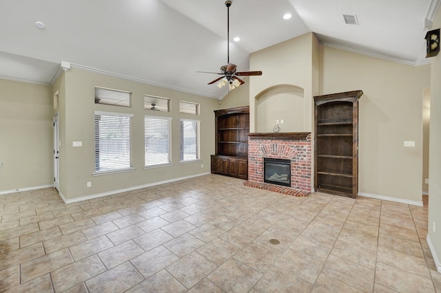 unfurnished living room featuring visible vents, crown molding, baseboards, ceiling fan, and a fireplace