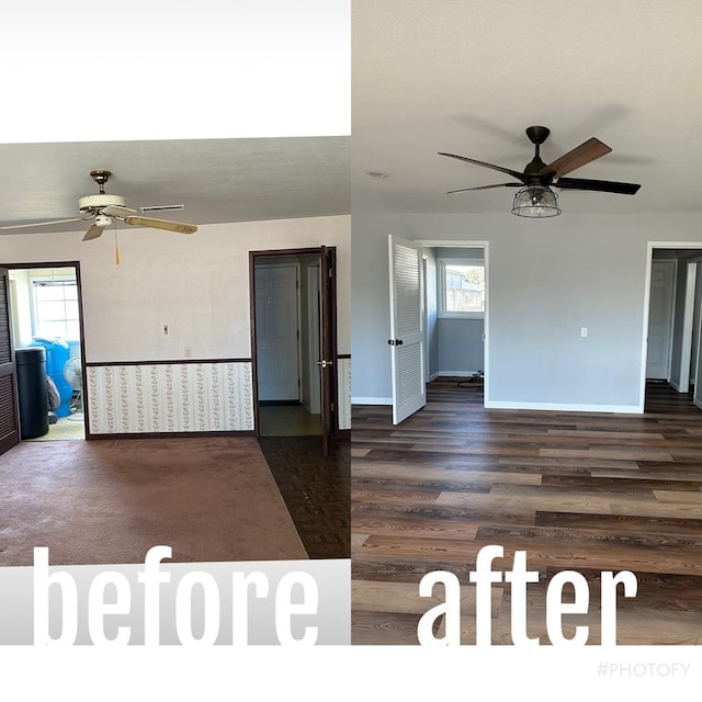 interior space with ceiling fan, dark hardwood / wood-style floors, and a healthy amount of sunlight