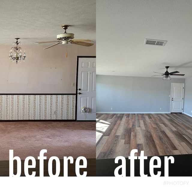 interior space featuring wood-type flooring, ceiling fan, and a textured ceiling