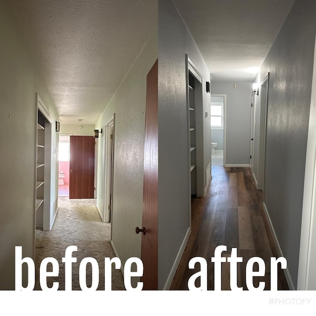 hallway with hardwood / wood-style flooring and a textured ceiling