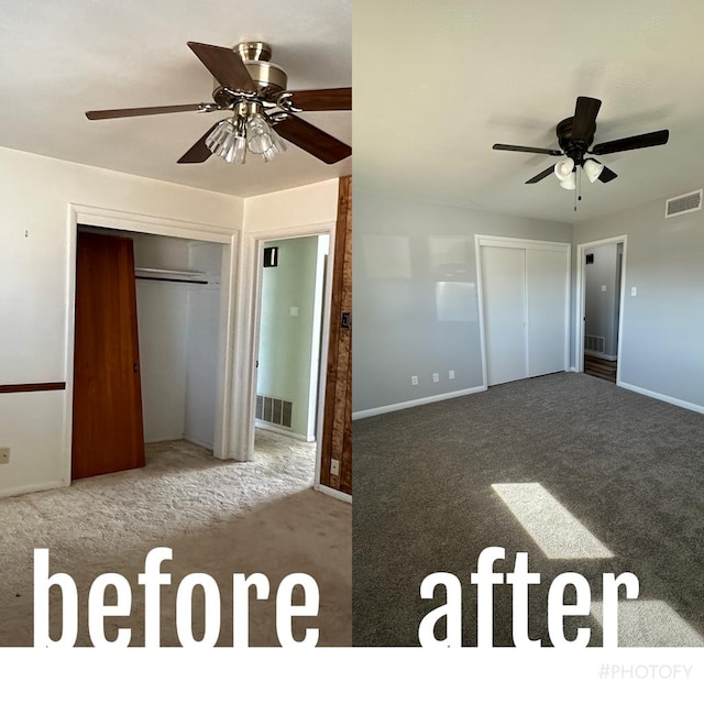 unfurnished bedroom with ceiling fan and dark colored carpet