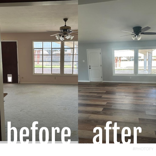 unfurnished living room with hardwood / wood-style flooring and ceiling fan