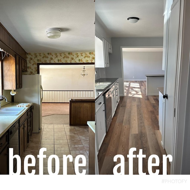 kitchen with dark brown cabinetry, dishwasher, and sink