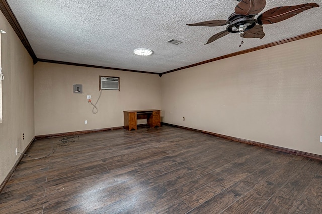 3608 S County Rd 1195, Midland, TX 79706 - unfurnished room featuring wood finished floors, ornamental molding, a ceiling fan, a wall unit AC, and a textured ceiling