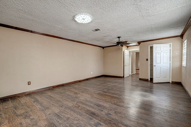 3608 S County Rd 1195, Midland, TX 79706 - unfurnished room with crown molding, ceiling fan, dark wood-style floors, a textured ceiling, and baseboards